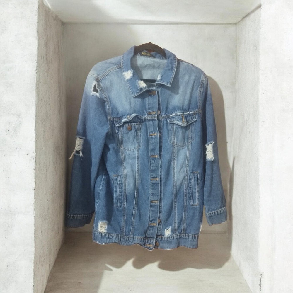 Roma Studio Womens Distressed Denim Jacket Medium Wash Ripped Jean Jacket Large